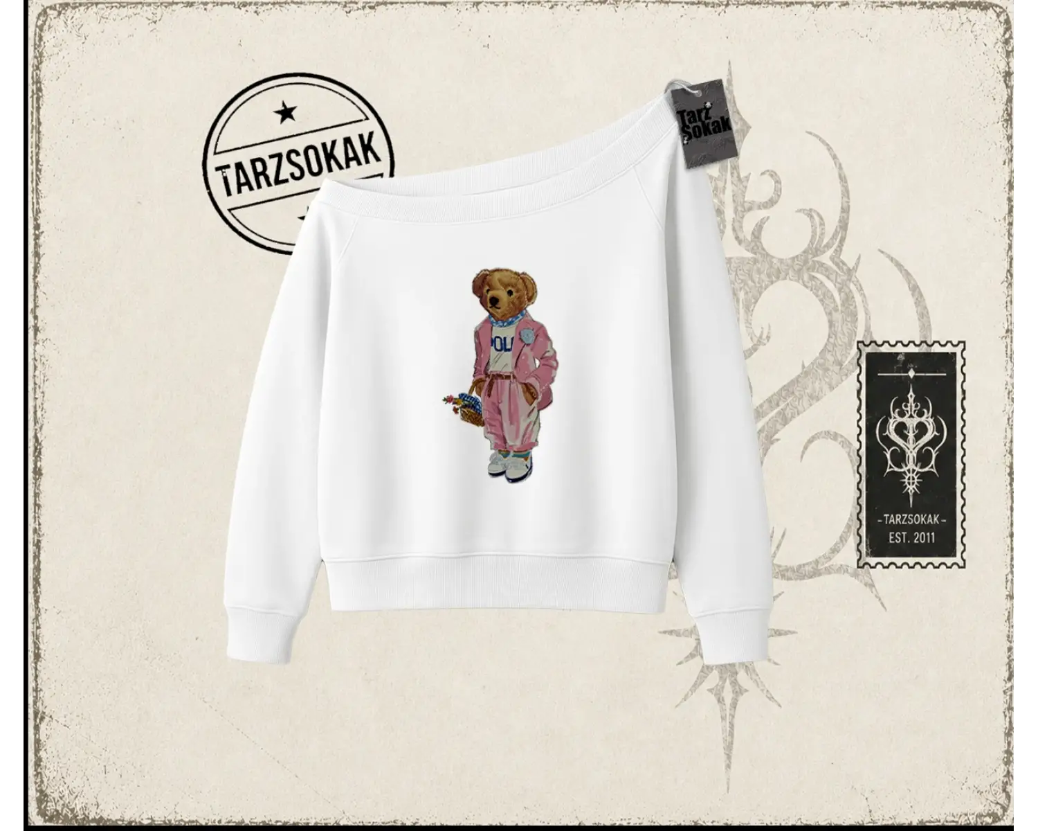 Unisex Teddy Kadın Kayık Yaka Sweatshirt Beyaz