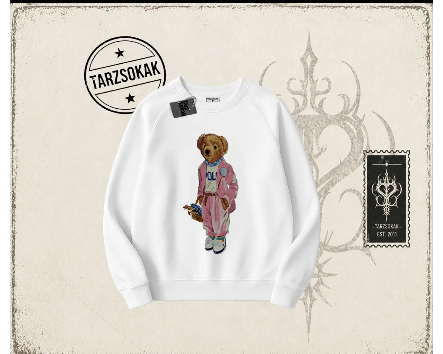 Unisex Teddy Oversize Unisex Bisiklet Yaka Sweatshirt Beyaz
