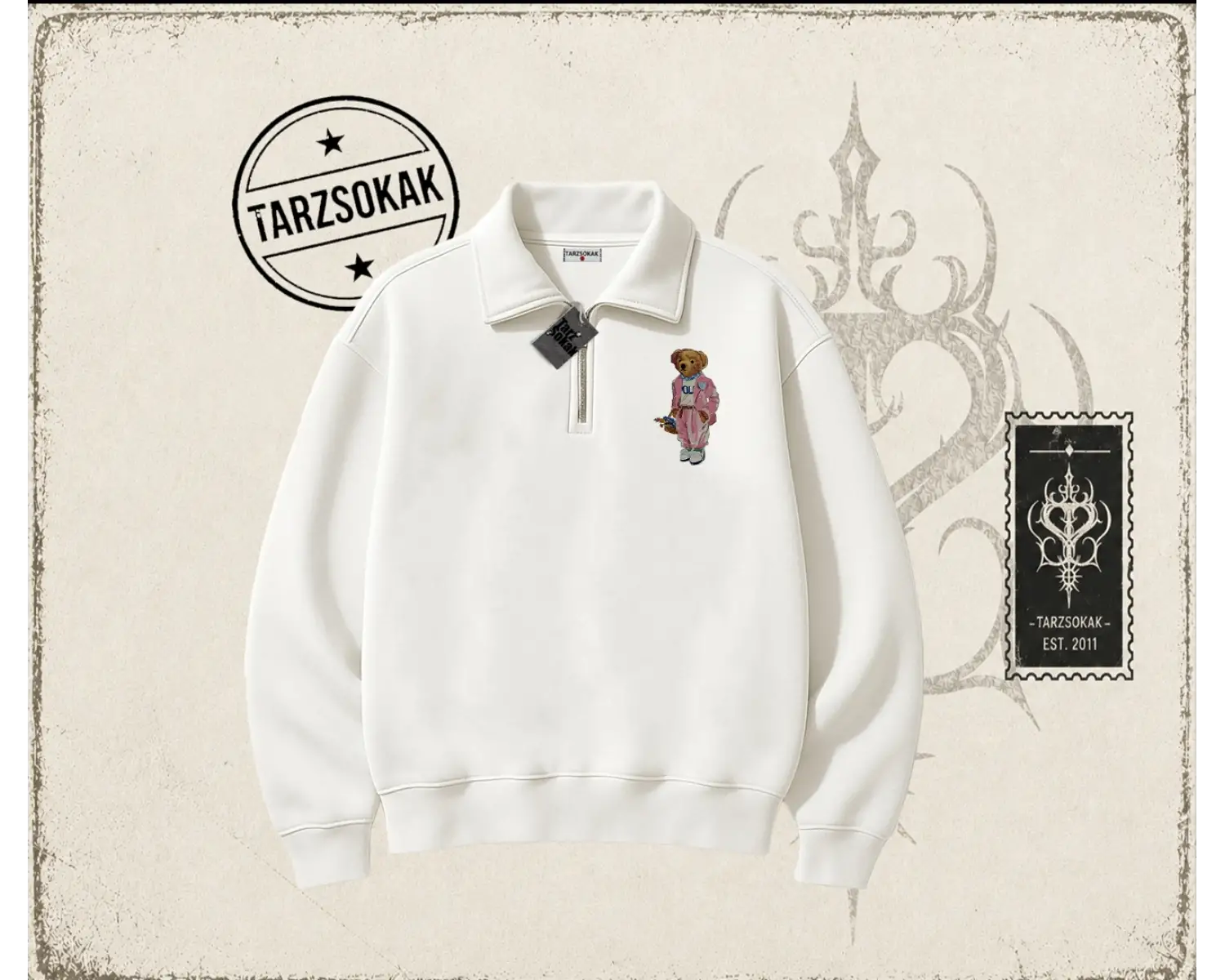 Unisex Teddy Unisex Polo Yaka Yarım Fermuarlı Sweatshirt Beyaz
