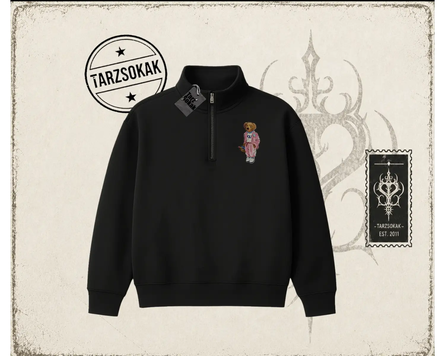 Unisex Teddy Unisex Polo Yaka Yarım Fermuarlı Sweatshirt Beyaz