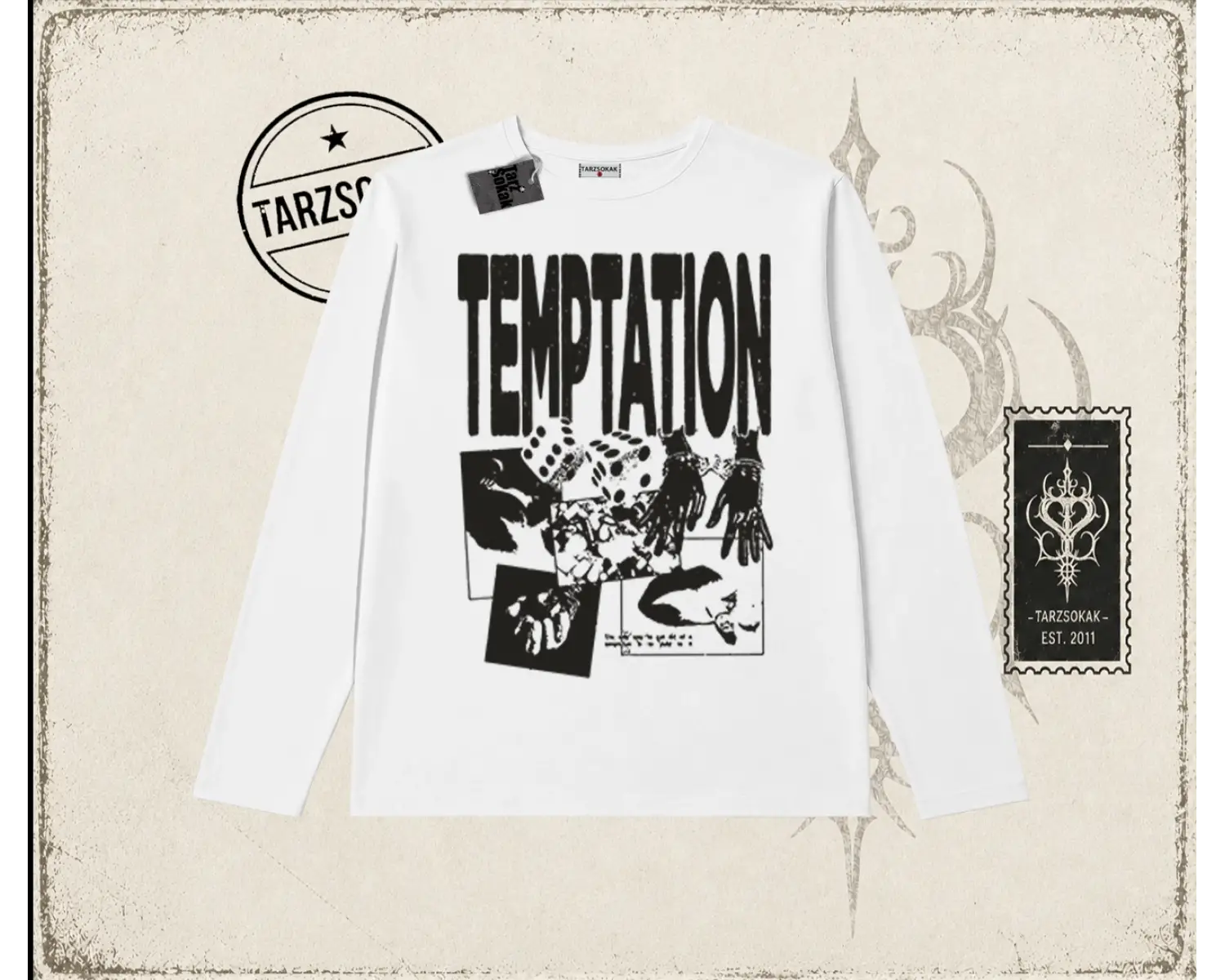Unisex Temptation Tshirt Biskilet Yaka  Long Sleeve Beyaz