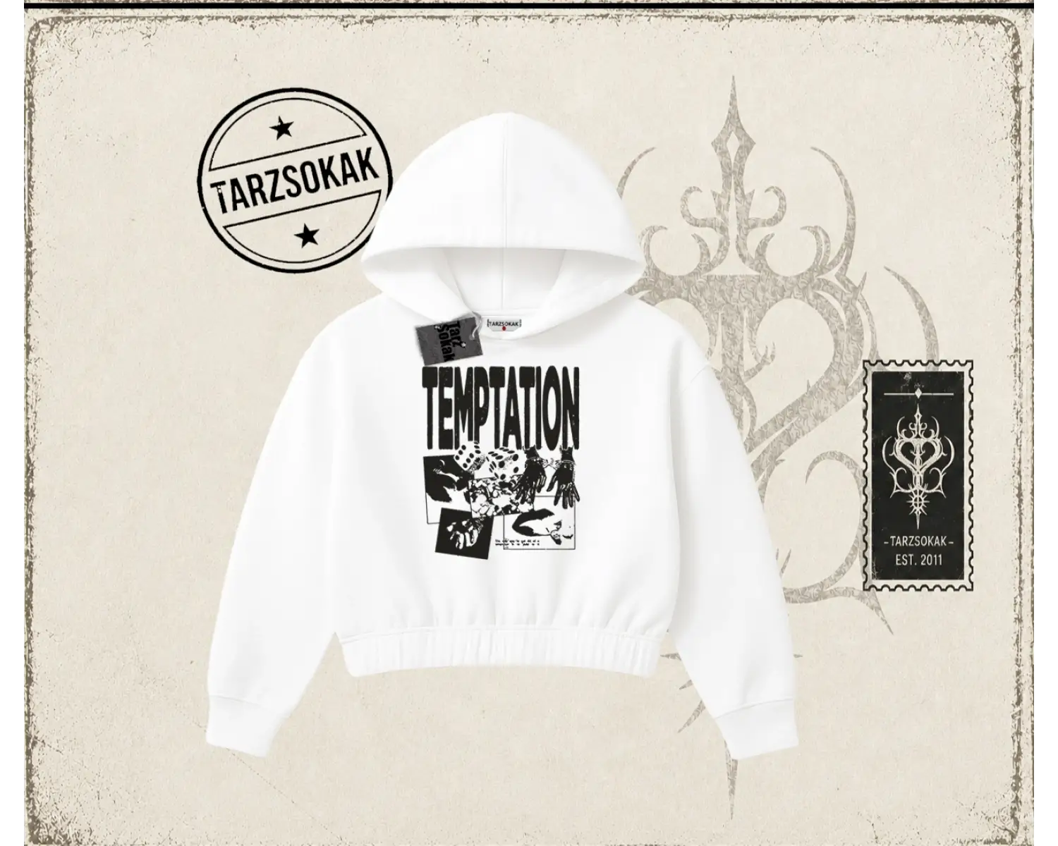 Unisex Temptation Tshirt Kadın Crop Kapşonlu Sweatshirt Beyaz