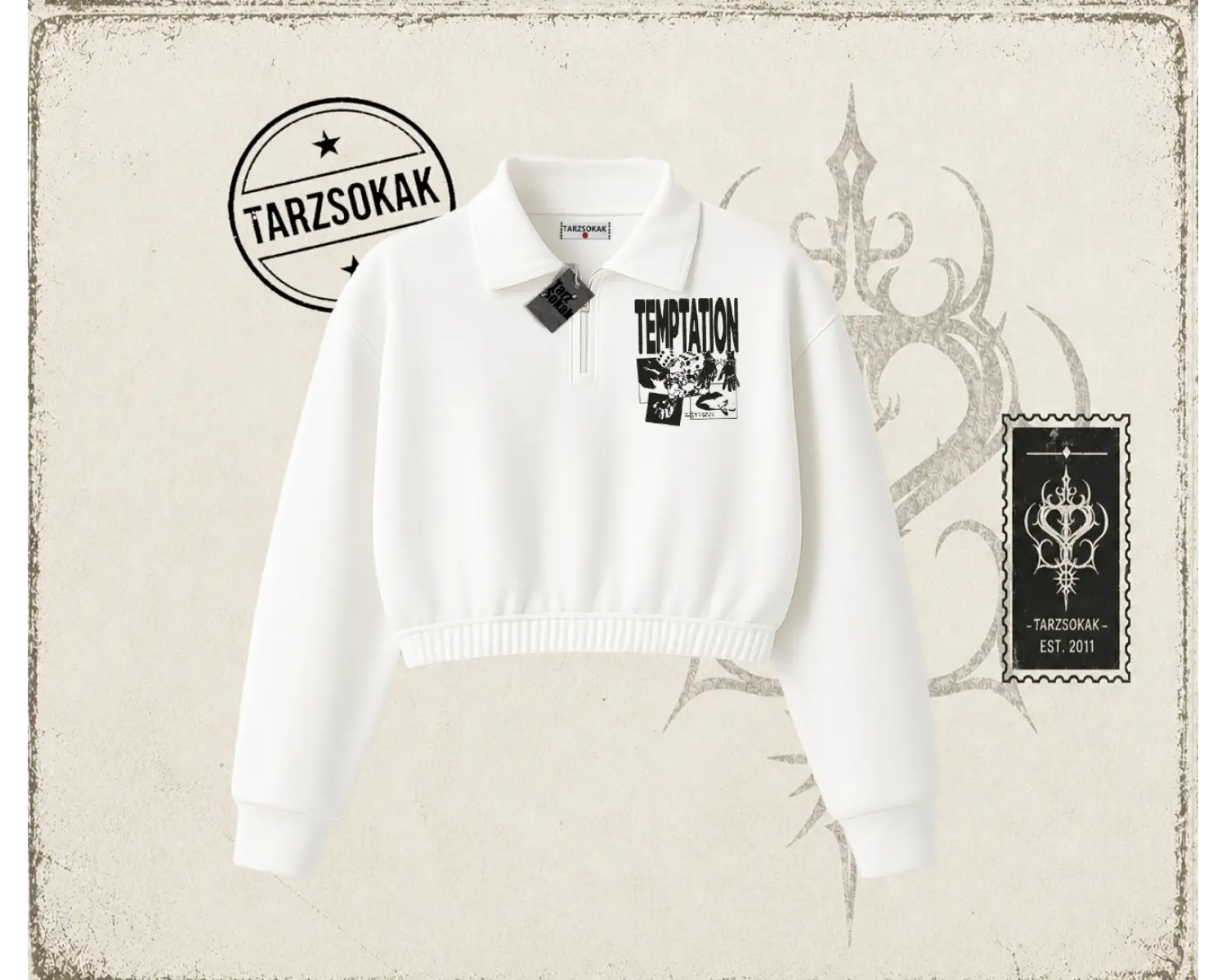 Unisex Temptation Tshirt Kadın Crop Polo Yaka Yarım Fermuarlı Sweatshirt Beyaz