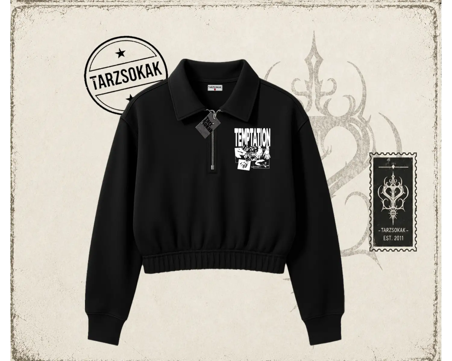 Unisex Temptation Tshirt Kadın Crop Polo Yaka Yarım Fermuarlı Sweatshirt Beyaz