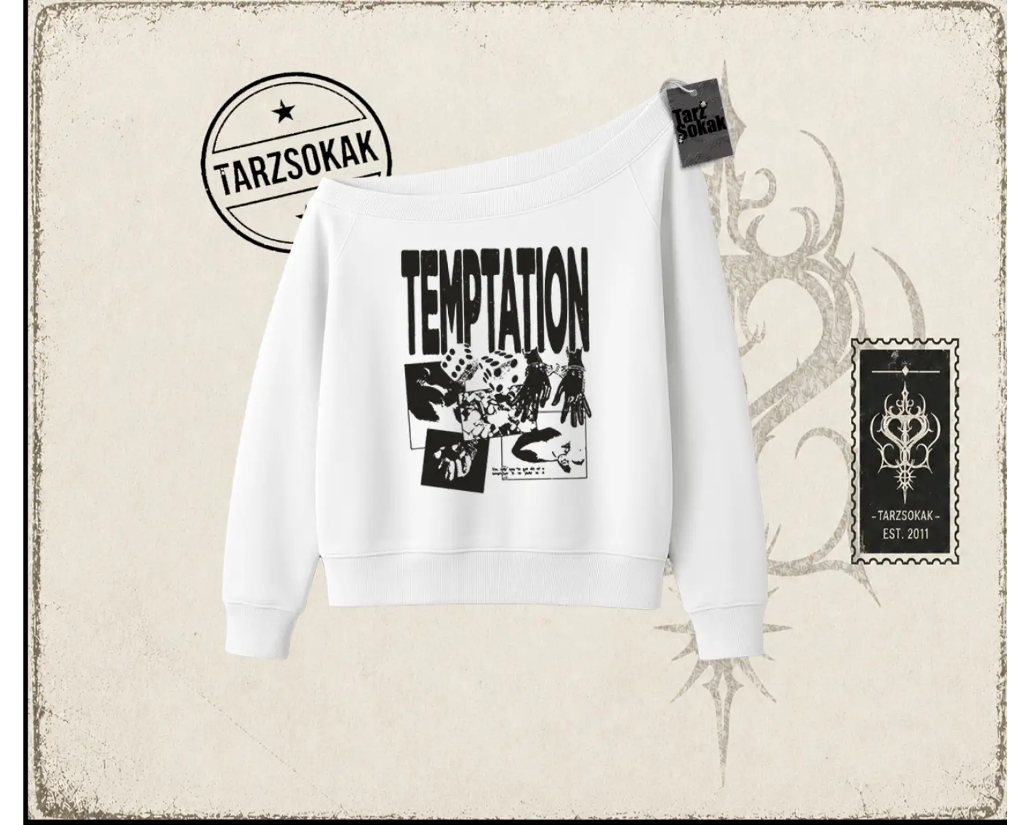 Unisex Temptation Tshirt Kadın Kayık Yaka Sweatshirt Beyaz