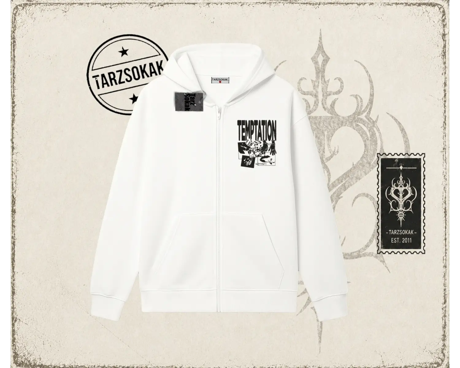 Unisex Temptation Tshirt Oversize Unisex Hırka & Çeket Fermuarlı Sweatshirt Beyaz