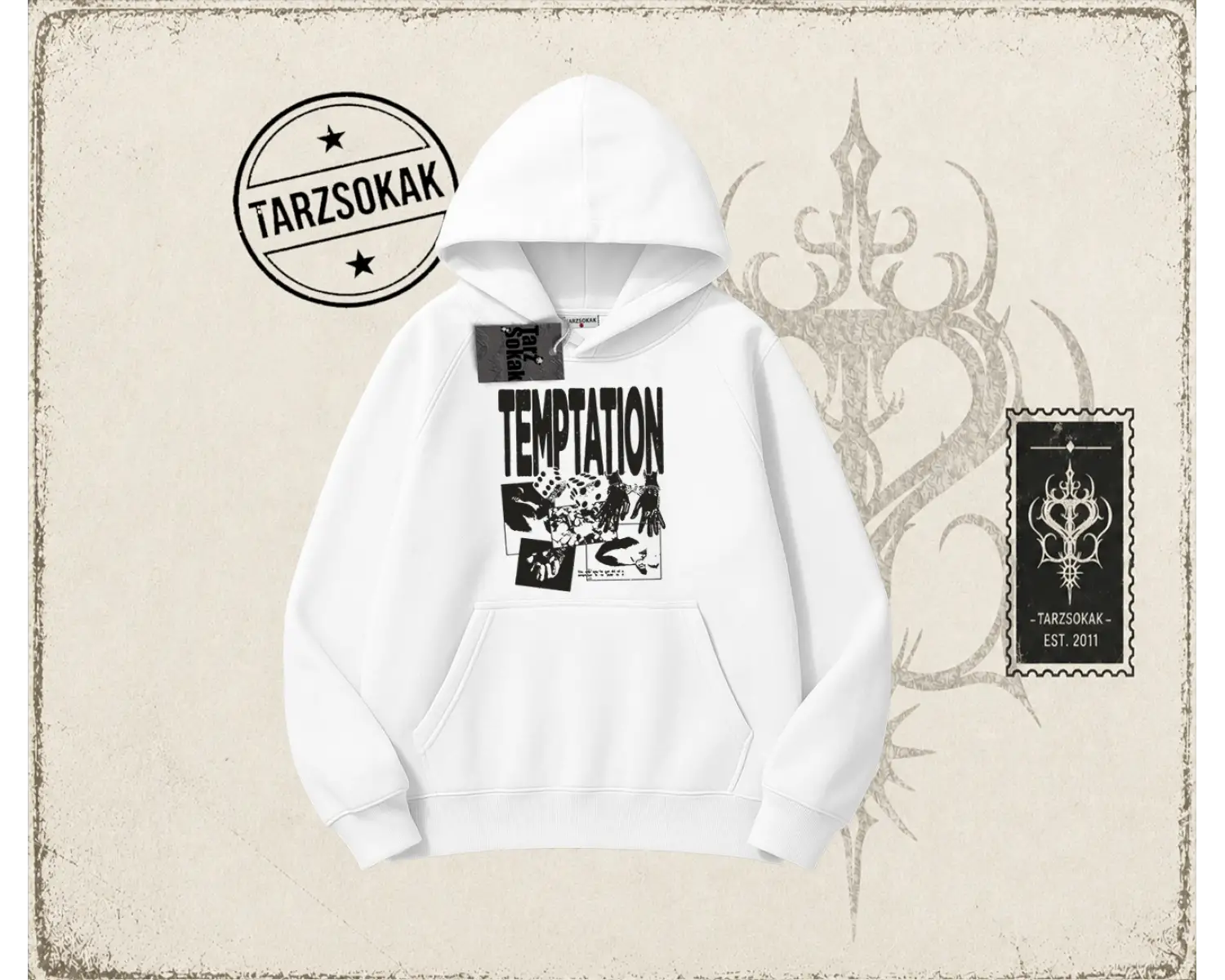Unisex Temptation Tshirt Oversize Unisex Kapşonlu Sweatshirt Beyaz