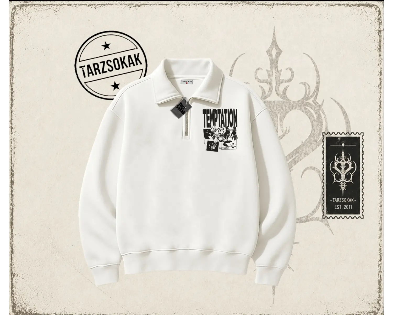 Unisex Temptation Tshirt Unisex Polo Yaka Yarım Fermuarlı Sweatshirt Beyaz