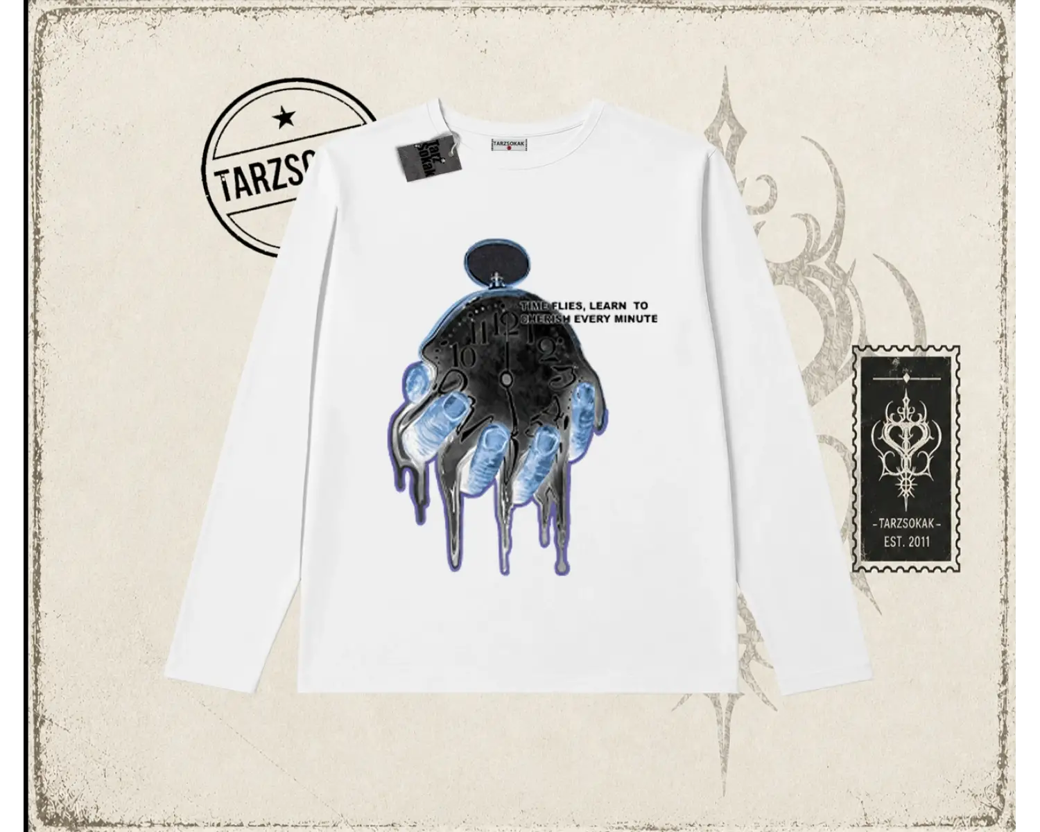 Unisex Time Flies Biskilet Yaka  Long Sleeve Beyaz