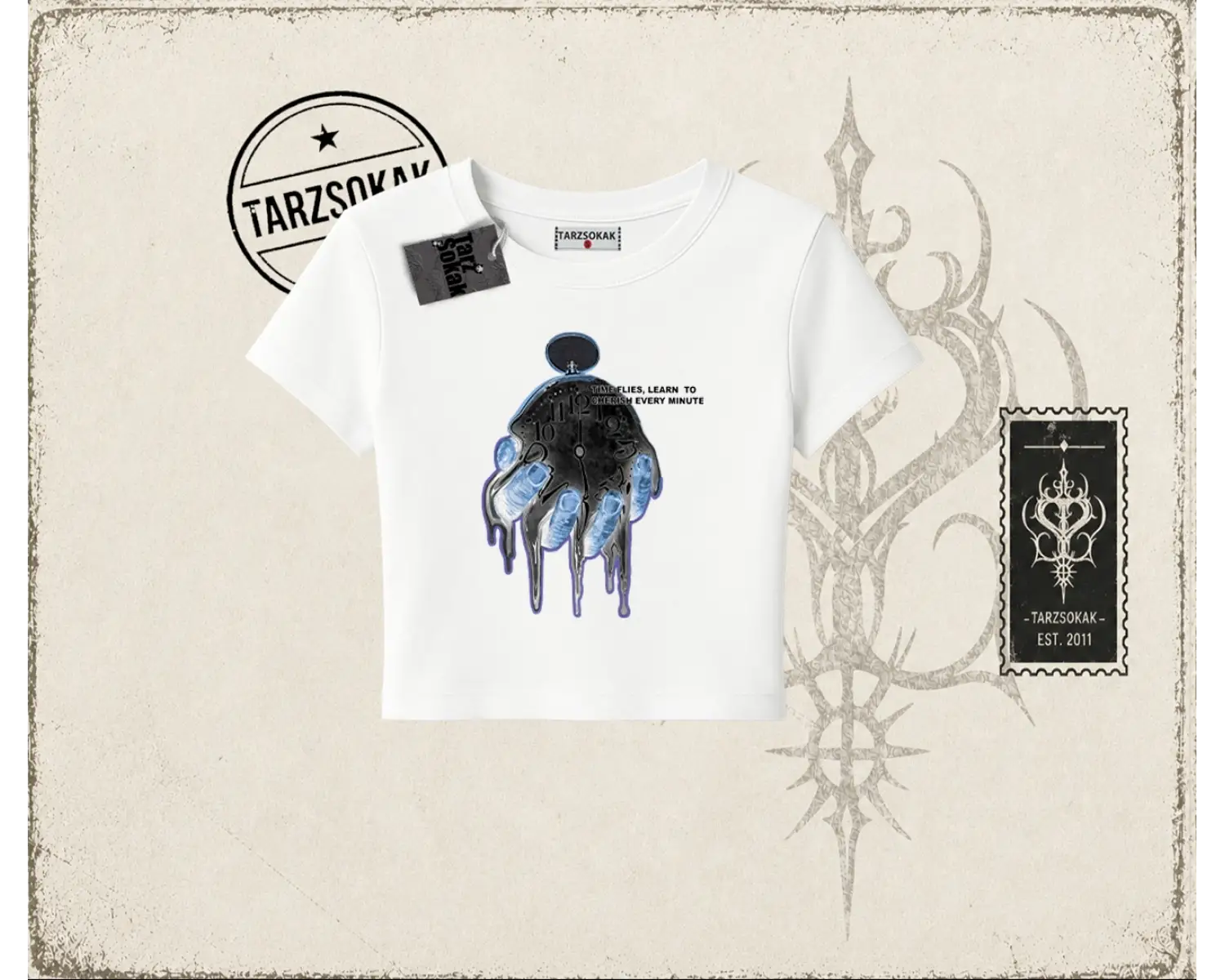 Unisex Time Flies Kadın Baby Tee Beyaz