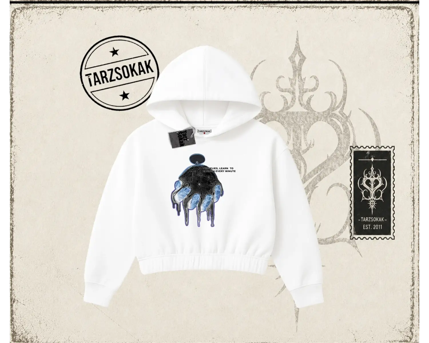 Unisex Time Flies Kadın Crop Kapşonlu Sweatshirt Beyaz