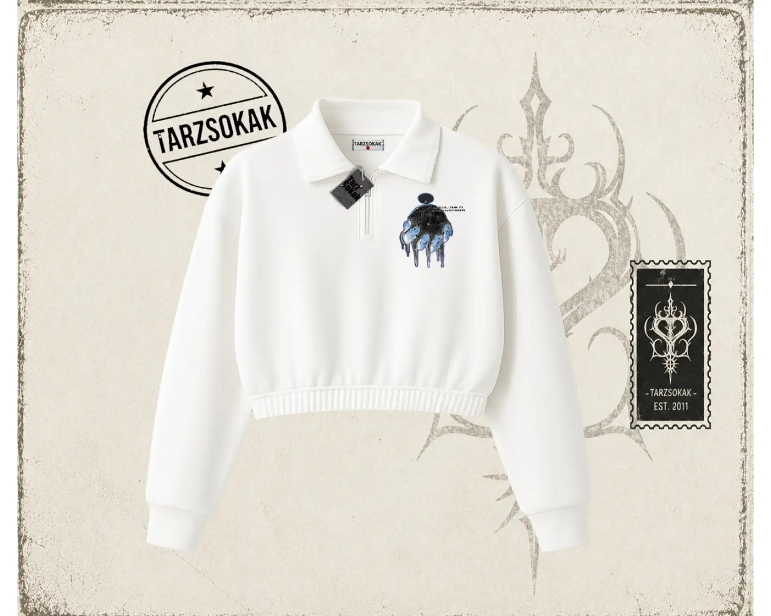 Unisex Time Flies Kadın Crop Polo Yaka Yarım Fermuarlı Sweatshirt Beyaz