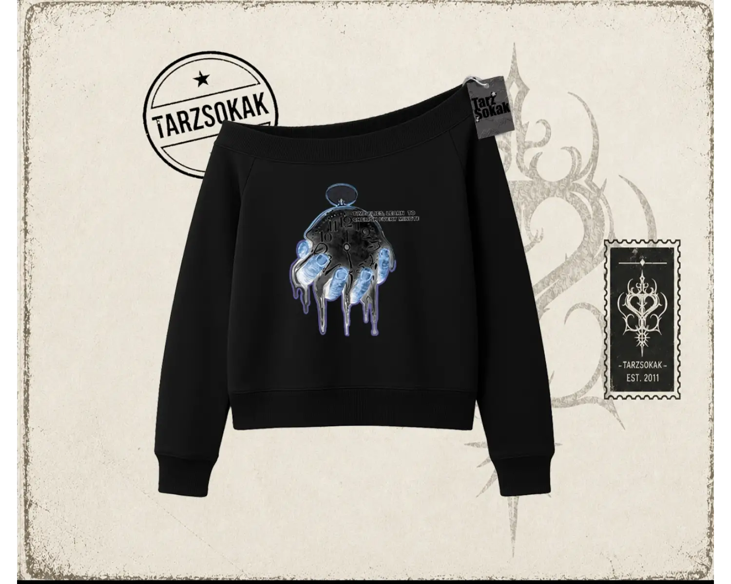 Unisex Time Flies Kadın Kayık Yaka Sweatshirt Beyaz
