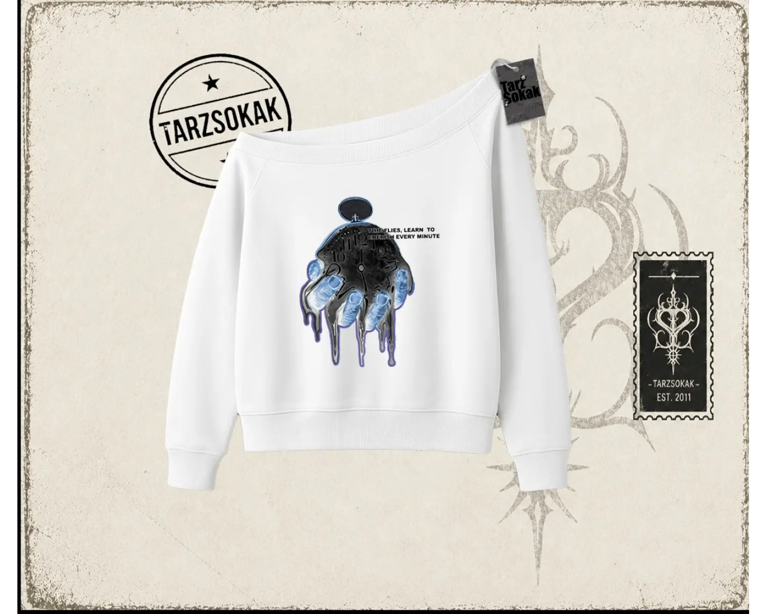 Unisex Time Flies Kadın Kayık Yaka Sweatshirt Beyaz