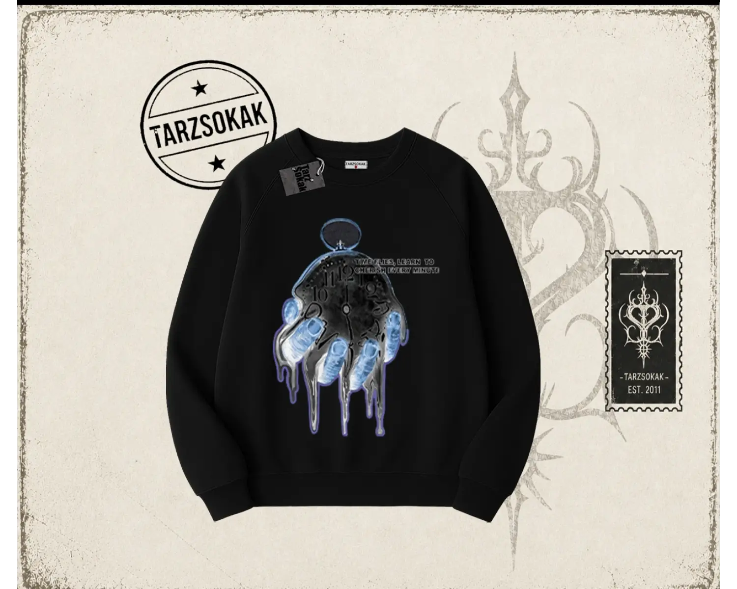 Unisex Time Flies Oversize Unisex Bisiklet Yaka Sweatshirt Beyaz