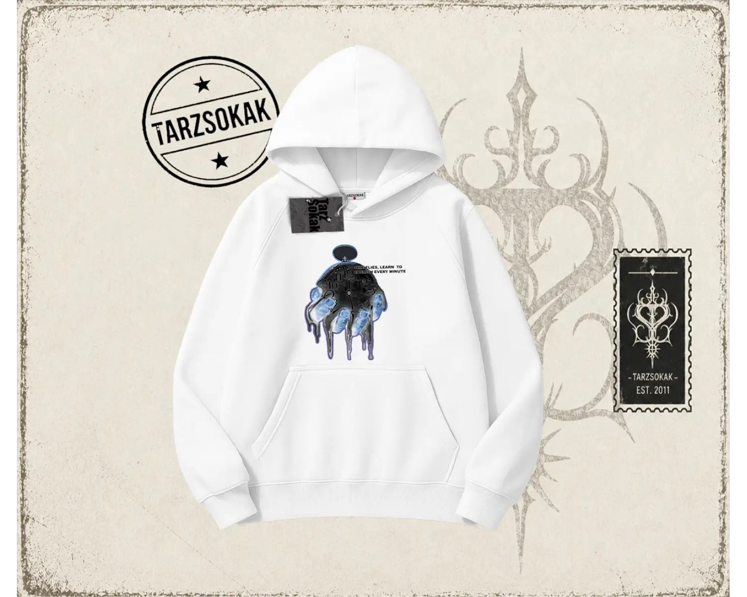 Unisex Time Flies Oversize Unisex Kapşonlu Sweatshirt Beyaz