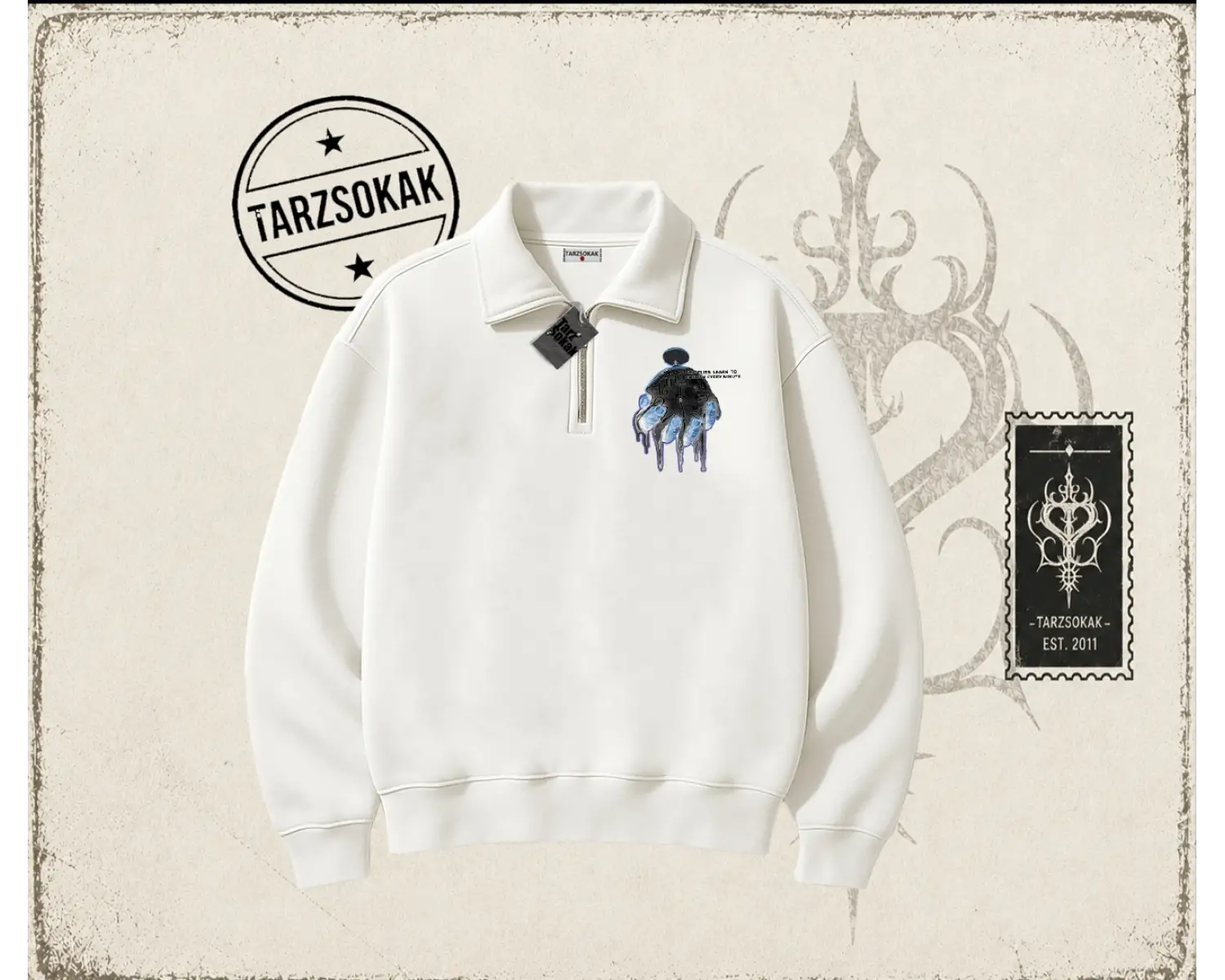 Unisex Time Flies Unisex Polo Yaka Yarım Fermuarlı Sweatshirt Beyaz