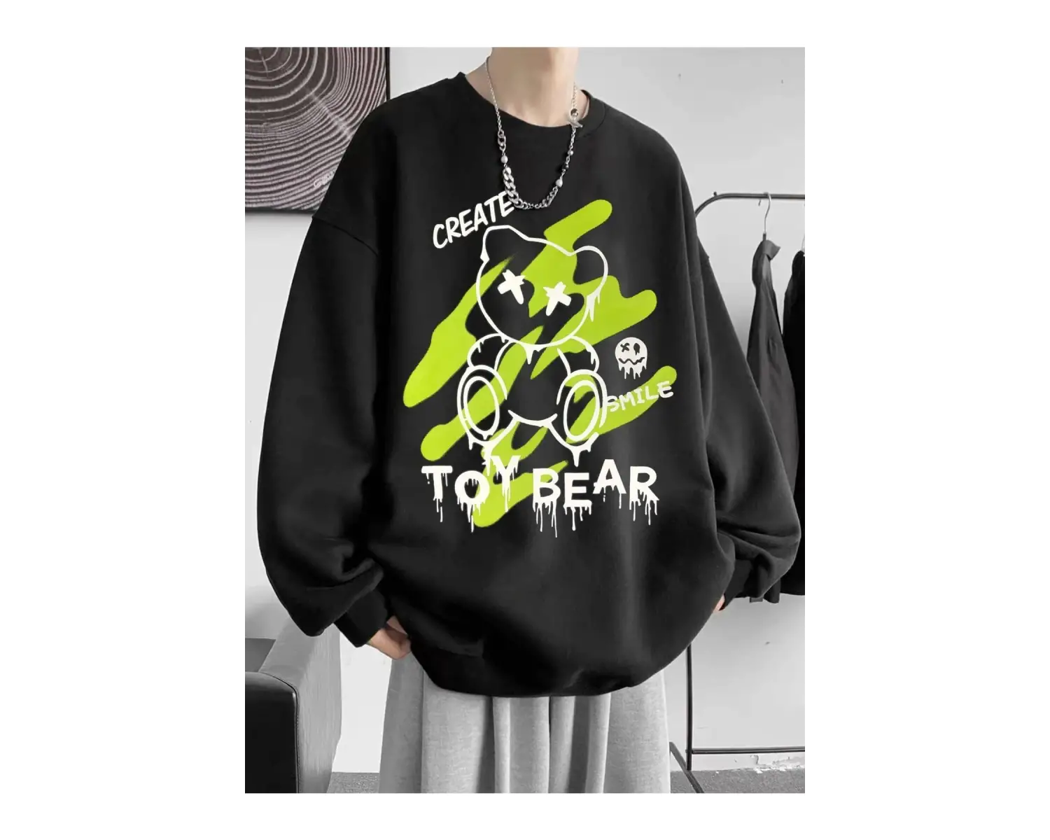Unisex Toy Bear Baskılı Oversize Bisiklet Yaka Sweatshirt Siyah