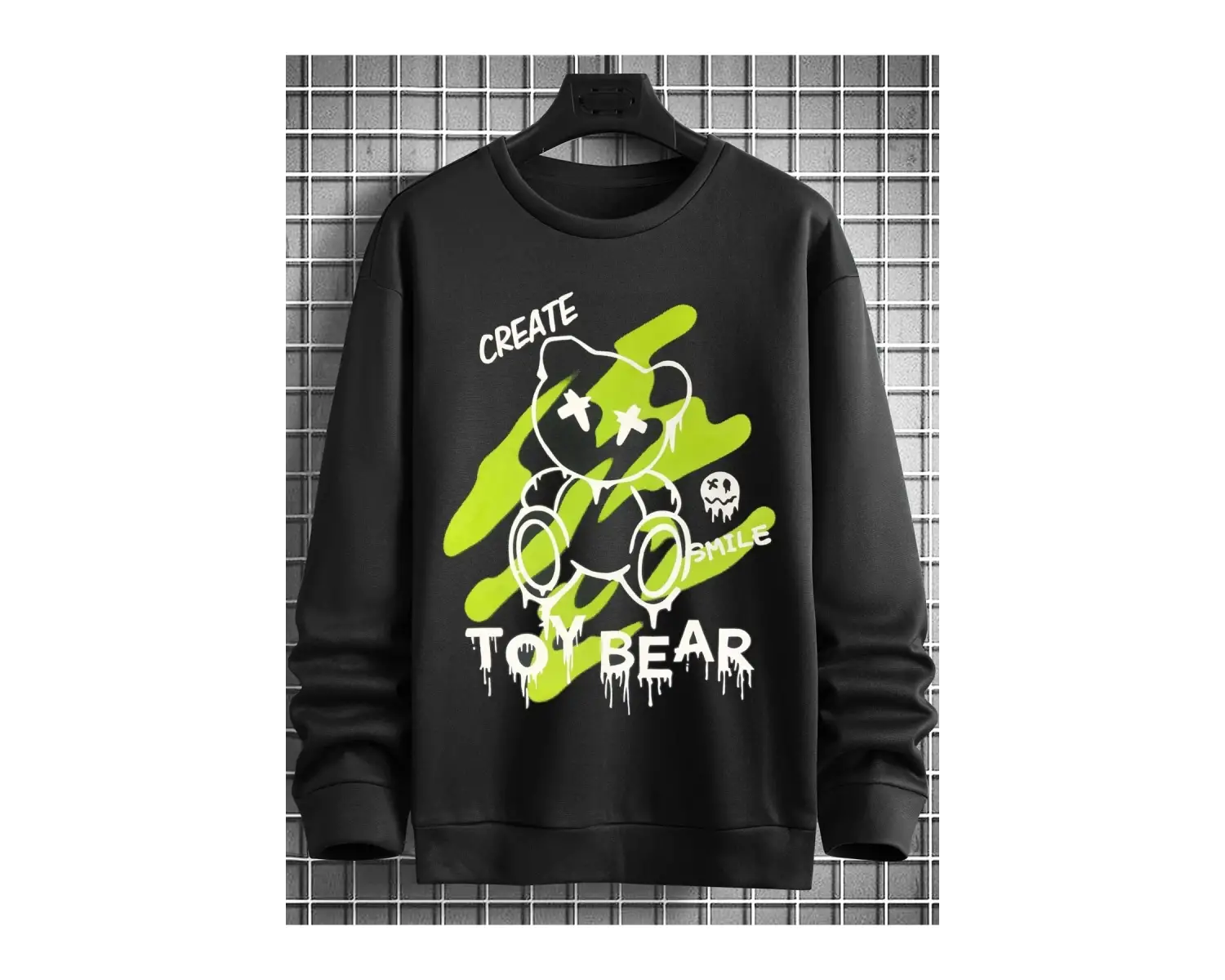 Unisex Toy Bear Baskılı Oversize Bisiklet Yaka Sweatshirt Siyah