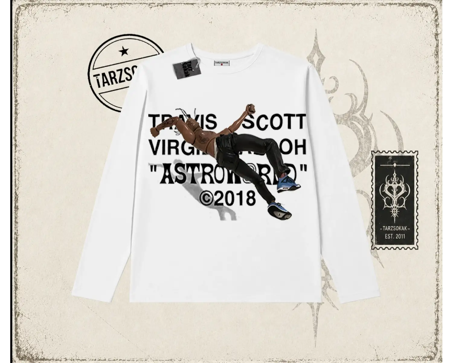 Unisex Travis Scott Astroworld 2018 Biskilet Yaka  Long Sleeve Beyaz