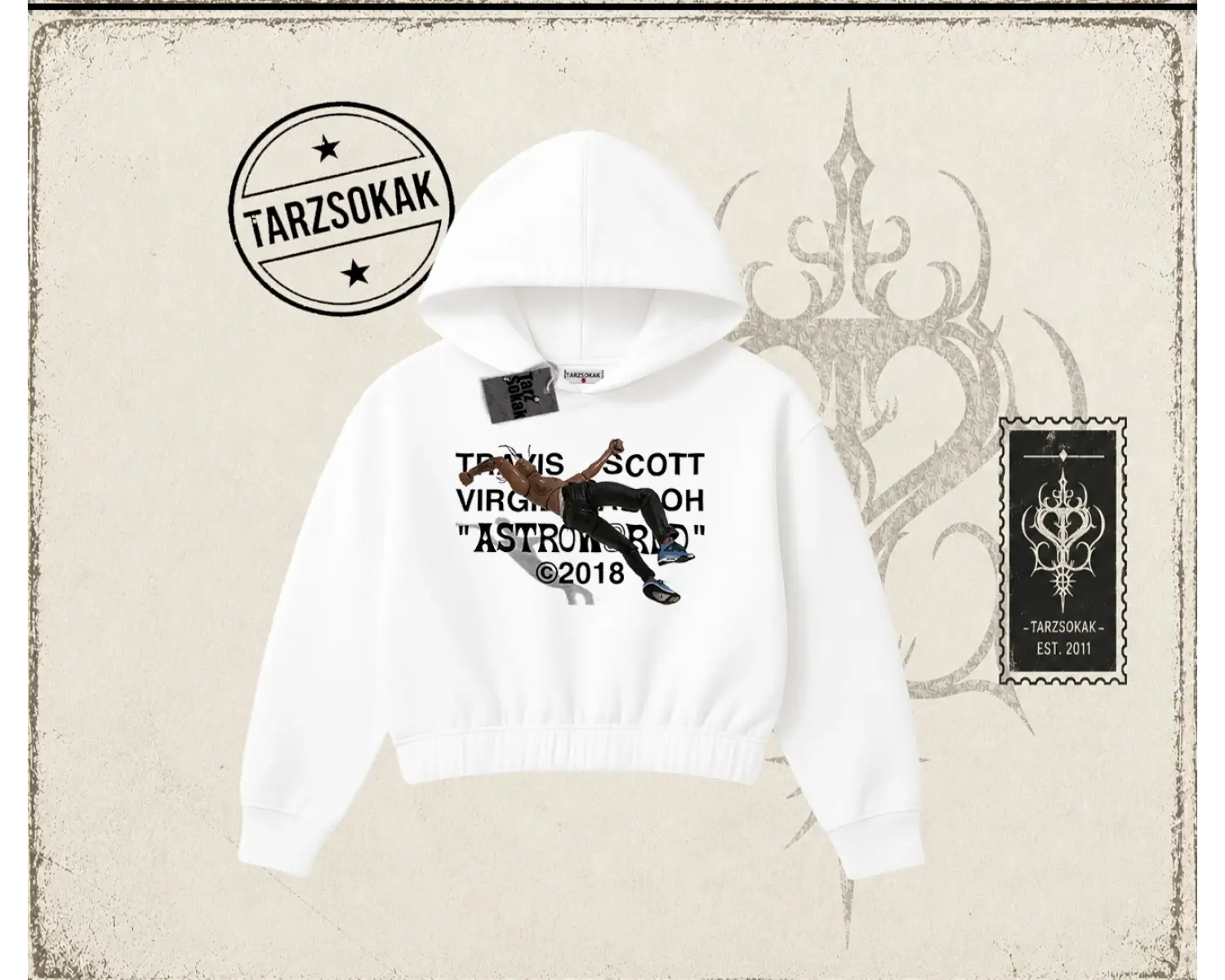 Unisex Travis Scott Astroworld 2018 Kadın Crop Kapşonlu Sweatshirt Beyaz