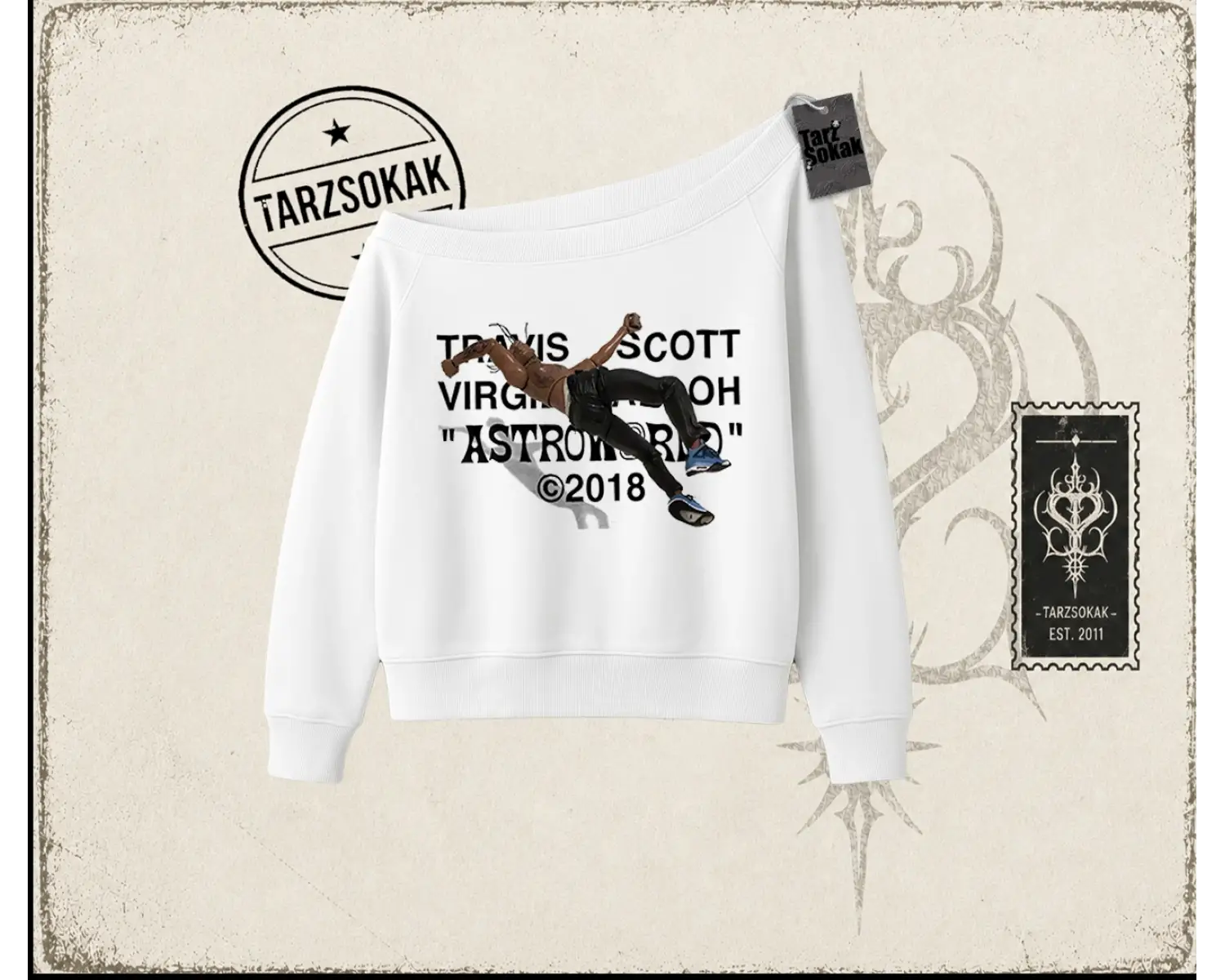 Unisex Travis Scott Astroworld 2018 Kadın Kayık Yaka Sweatshirt Beyaz