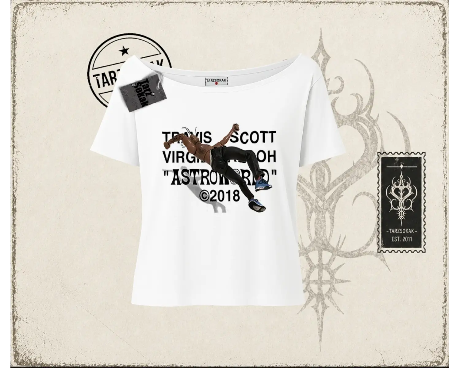 Unisex Travis Scott Astroworld 2018 Kadın Kayık Yaka Tişört Beyaz