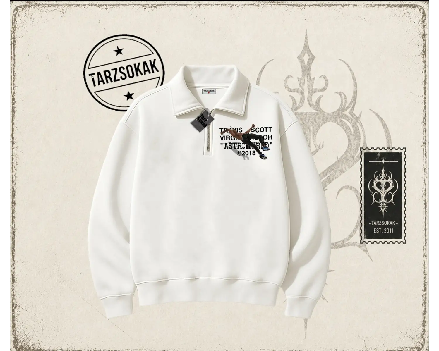 Unisex Travis Scott Astroworld 2018 Unisex Polo Yaka Yarım Fermuarlı Sweatshirt Beyaz