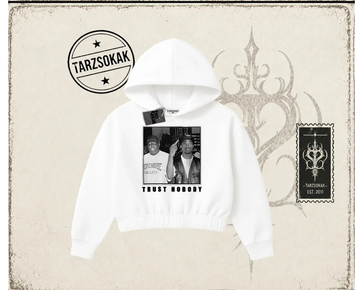 Unisex Trust Nobody Kadın Crop Kapşonlu Sweatshirt Beyaz
