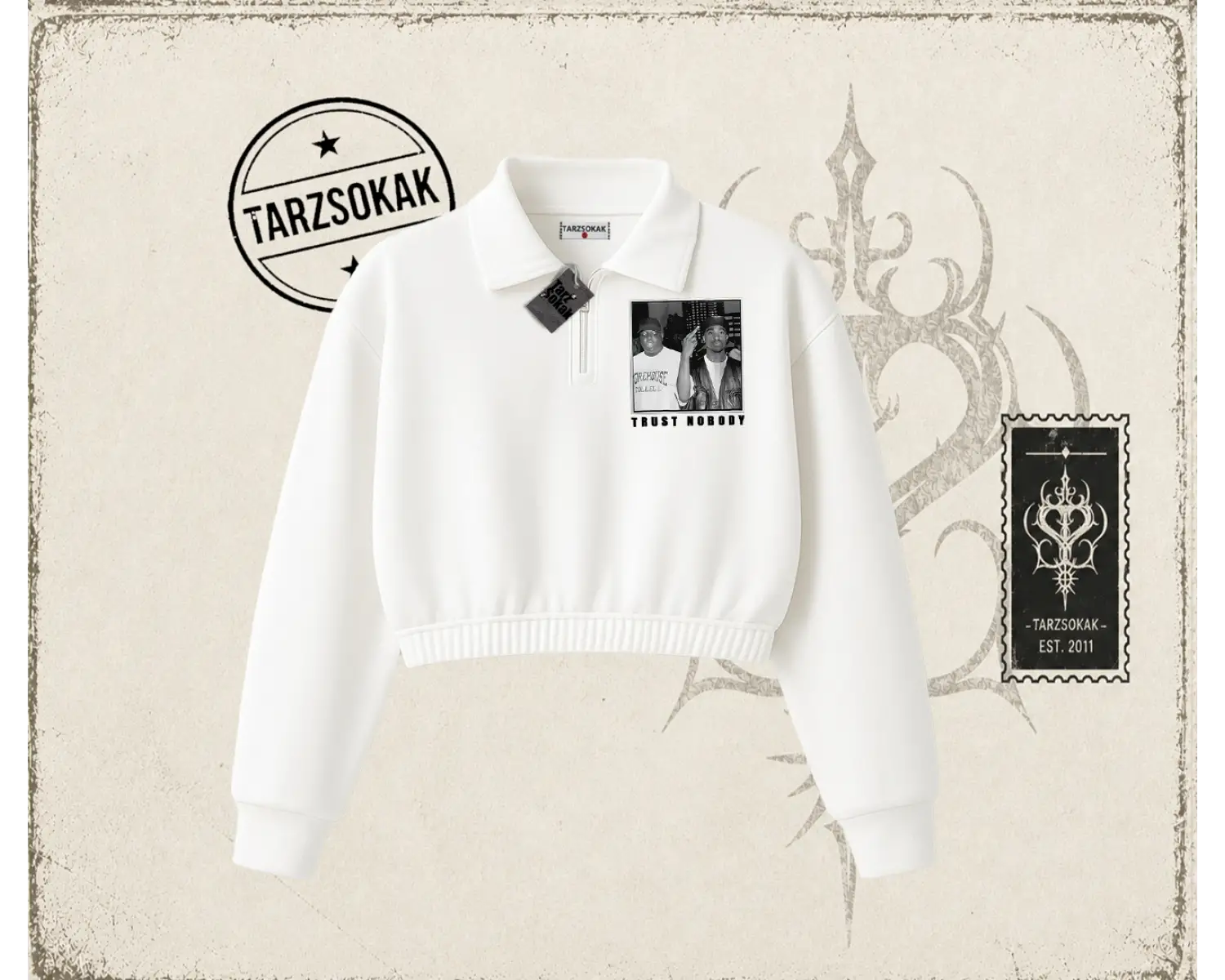 Unisex Trust Nobody Kadın Crop Polo Yaka Yarım Fermuarlı Sweatshirt Beyaz