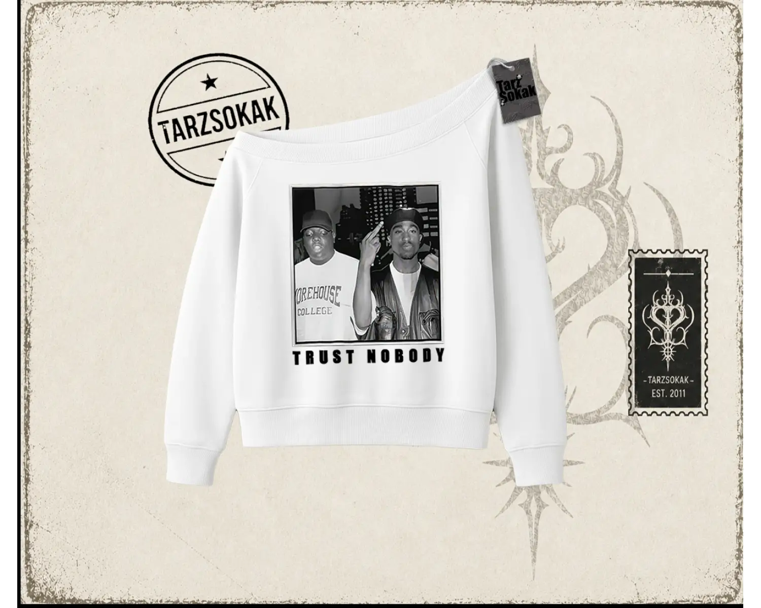 Unisex Trust Nobody Kadın Kayık Yaka Sweatshirt Beyaz