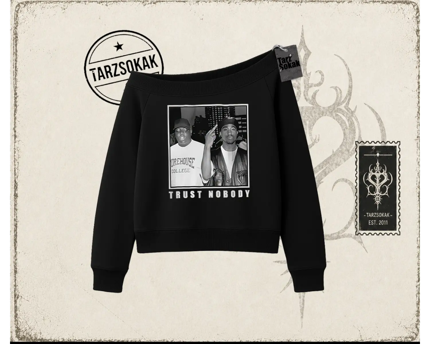 Unisex Trust Nobody Kadın Kayık Yaka Sweatshirt Beyaz