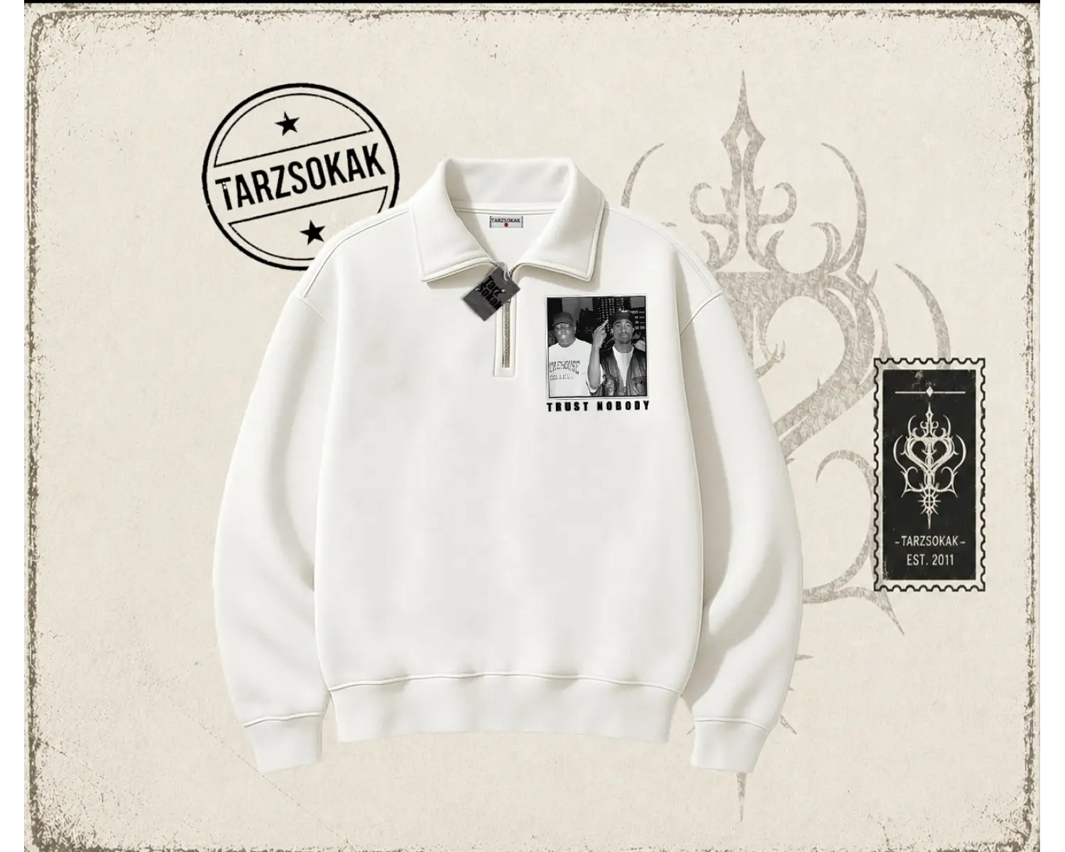Unisex Trust Nobody Unisex Polo Yaka Yarım Fermuarlı Sweatshirt Beyaz