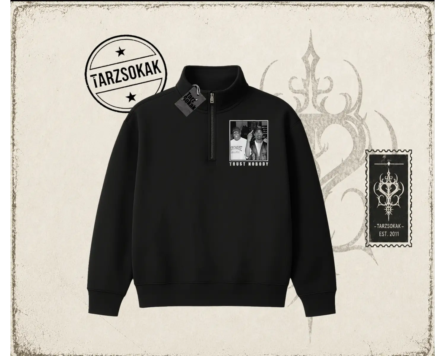 Unisex Trust Nobody Unisex Polo Yaka Yarım Fermuarlı Sweatshirt Beyaz