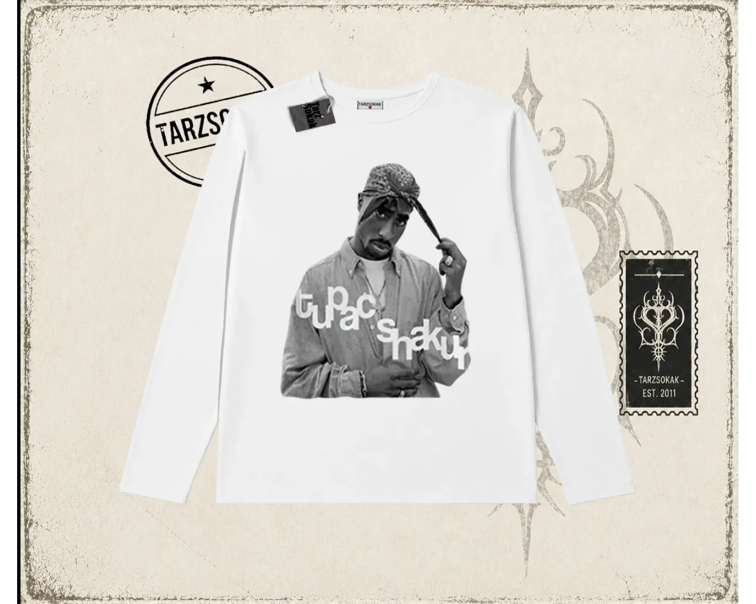 Unisex Tupac Shakur Biskilet Yaka  Long Sleeve Beyaz