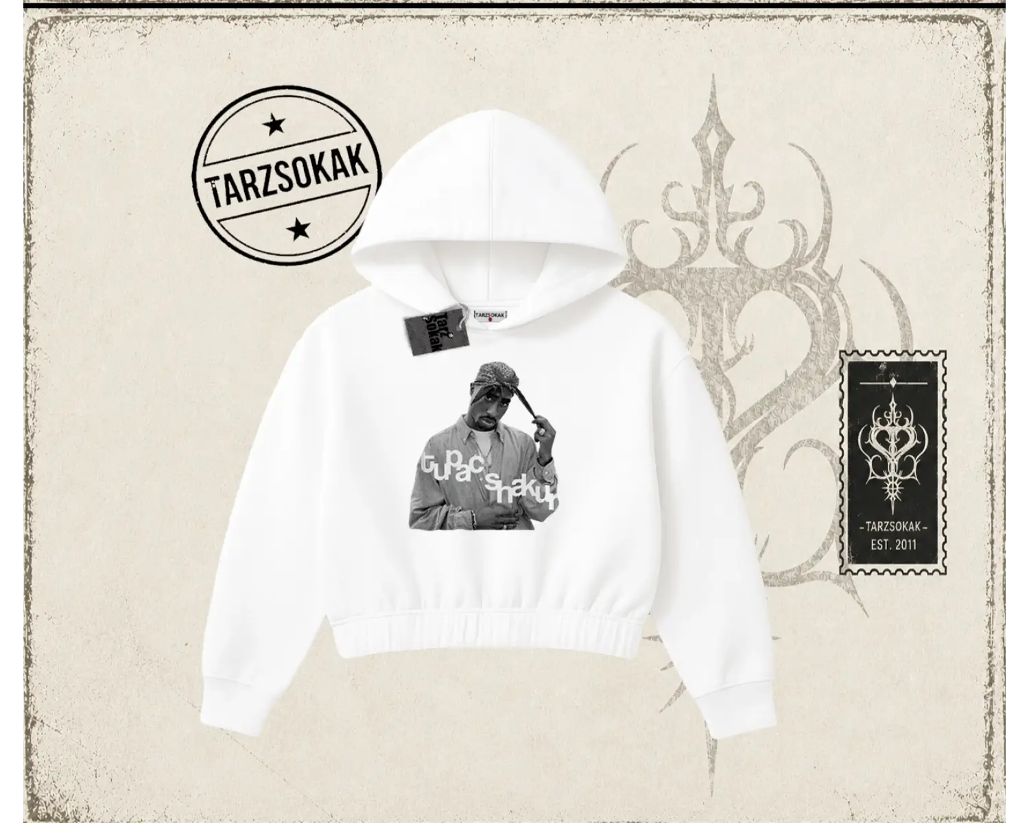 Unisex Tupac Shakur Kadın Crop Kapşonlu Sweatshirt Beyaz
