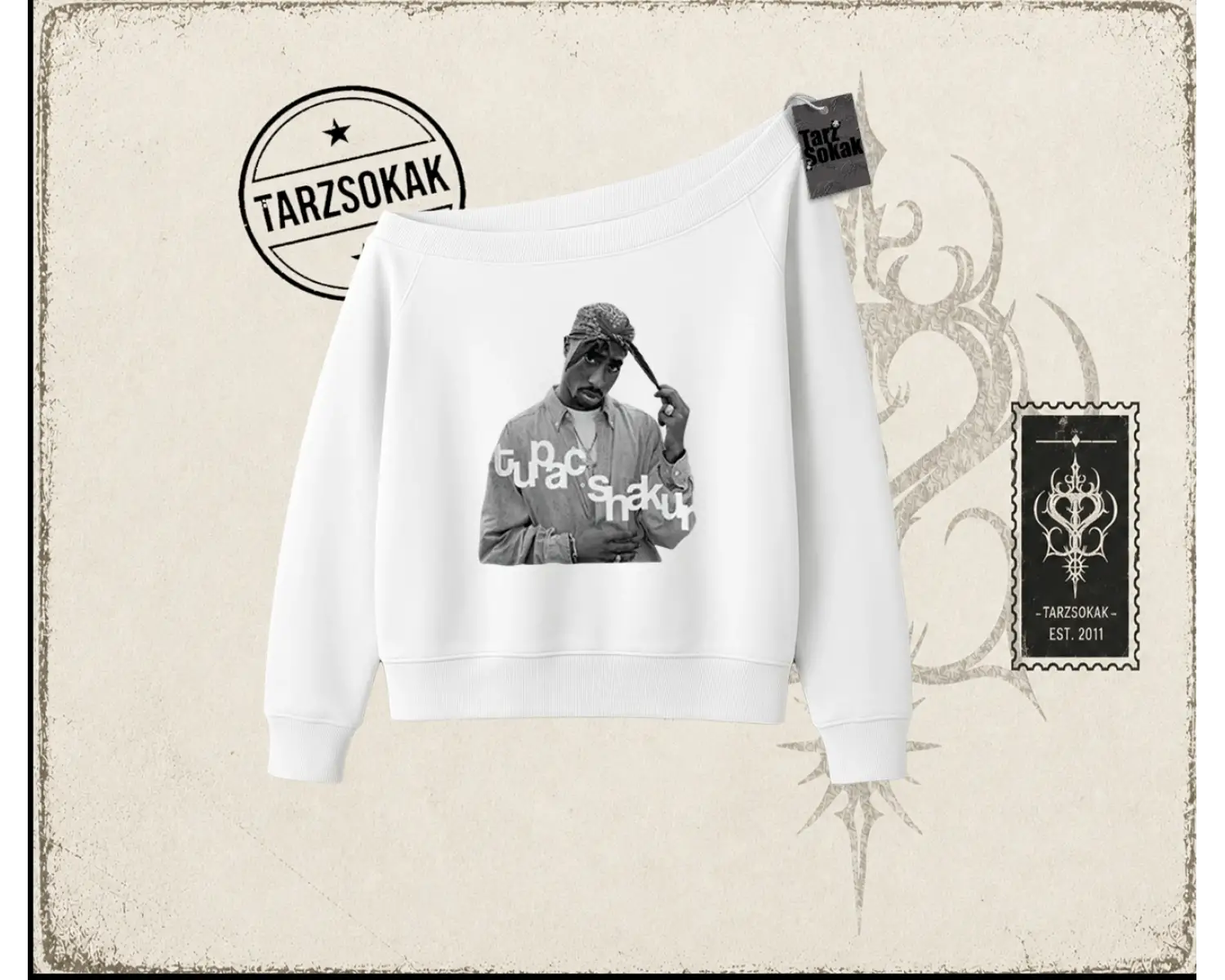 Unisex Tupac Shakur Kadın Kayık Yaka Sweatshirt Beyaz