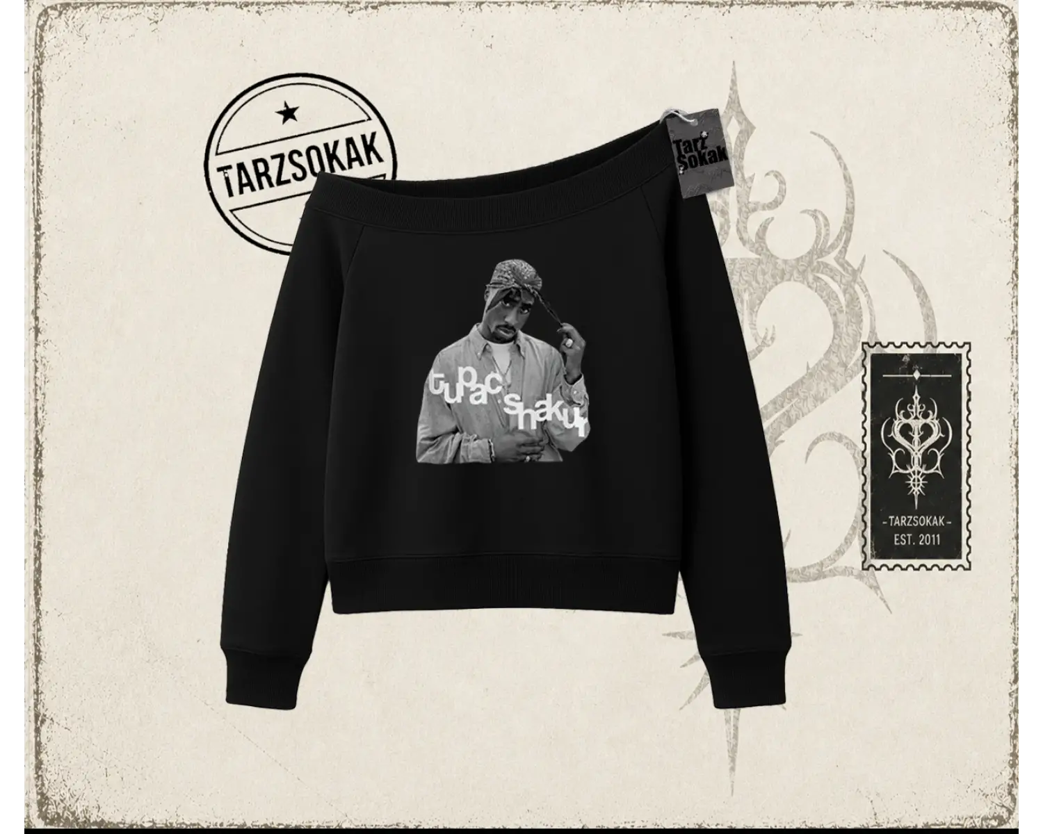 Unisex Tupac Shakur Kadın Kayık Yaka Sweatshirt Beyaz