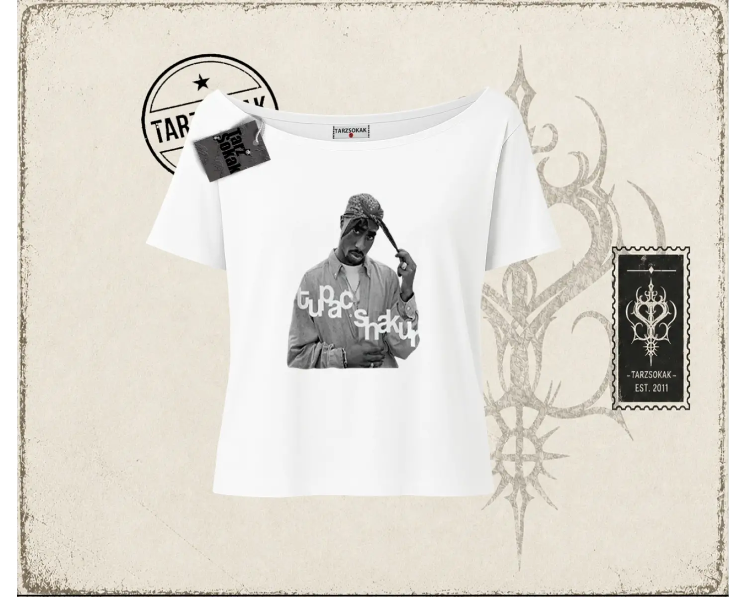 Unisex Tupac Shakur Kadın Kayık Yaka Tişört Beyaz