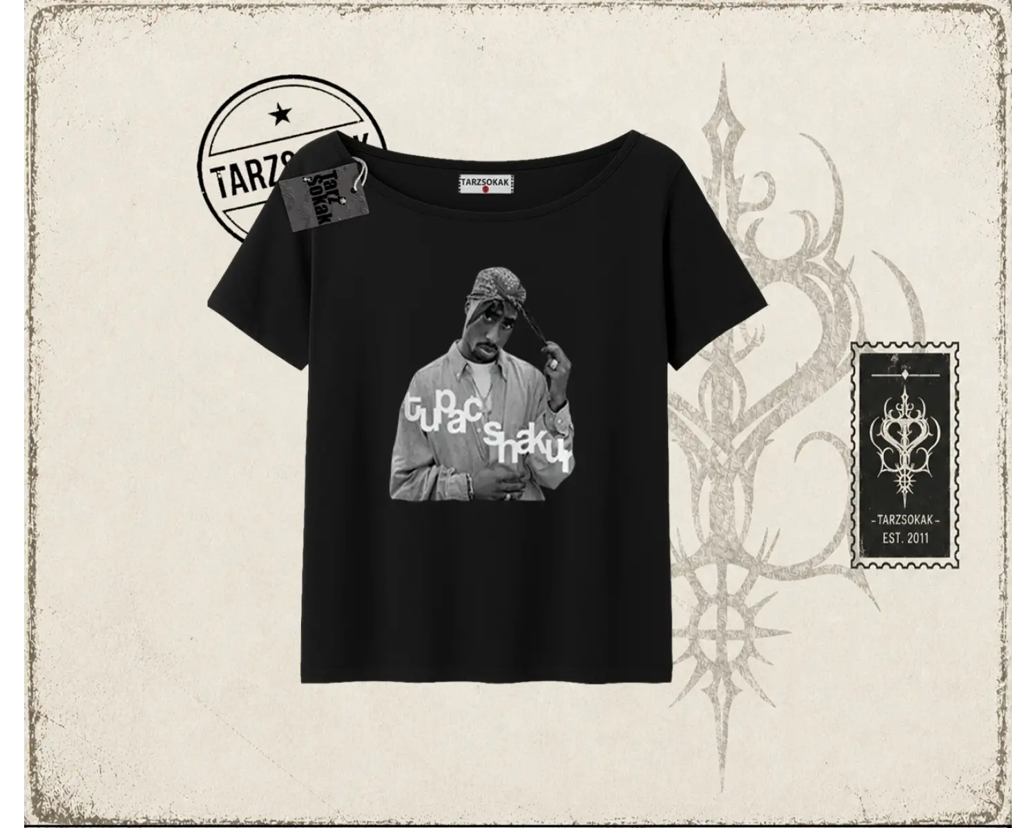 Unisex Tupac Shakur Kadın Kayık Yaka Tişört Beyaz