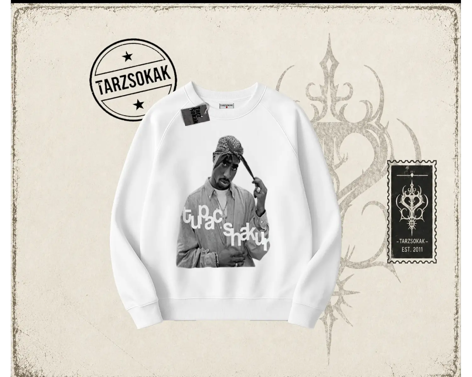Unisex Tupac Shakur Oversize Unisex Bisiklet Yaka Sweatshirt Beyaz