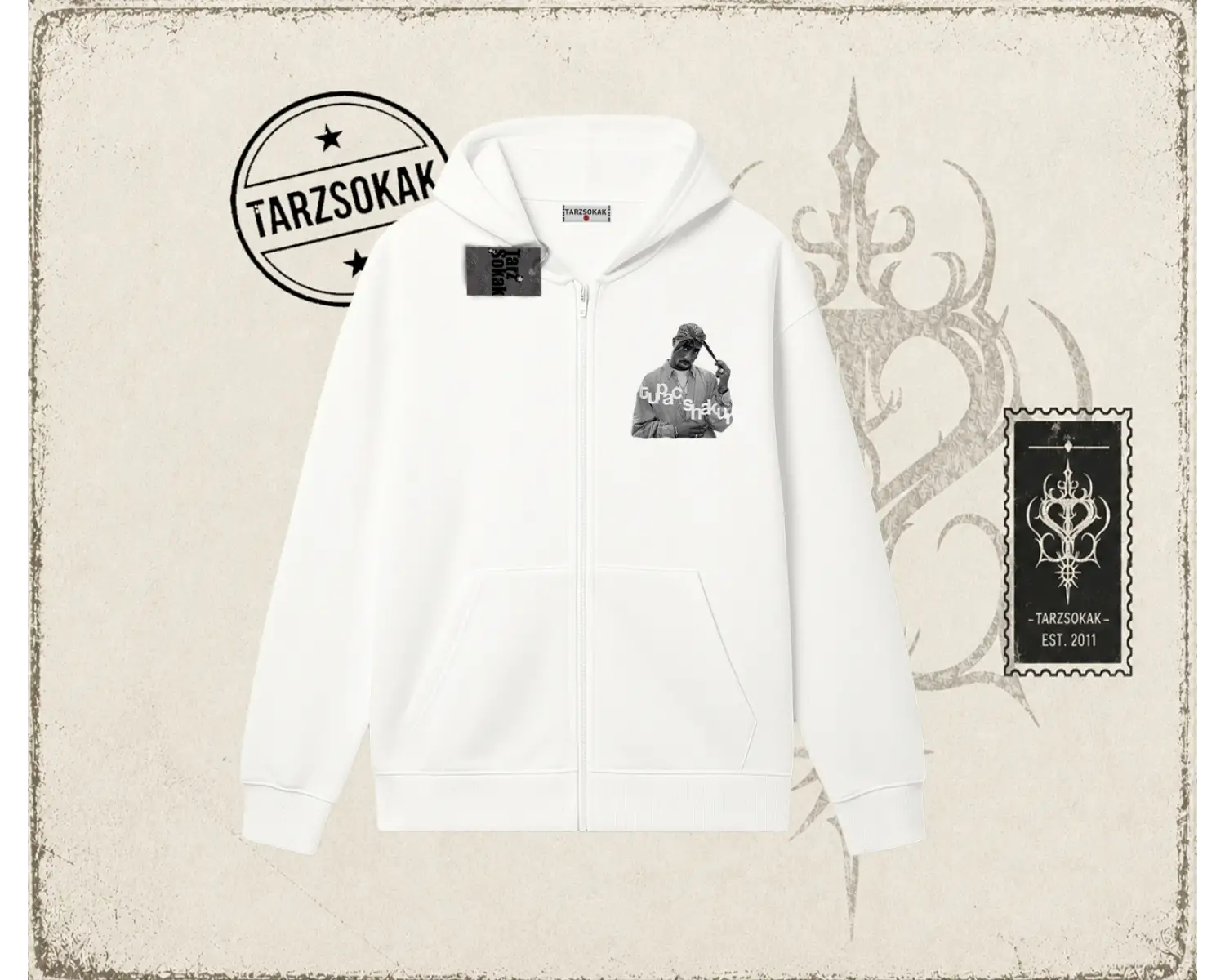 Unisex Tupac Shakur Oversize Unisex Hırka & Çeket Fermuarlı Sweatshirt Beyaz