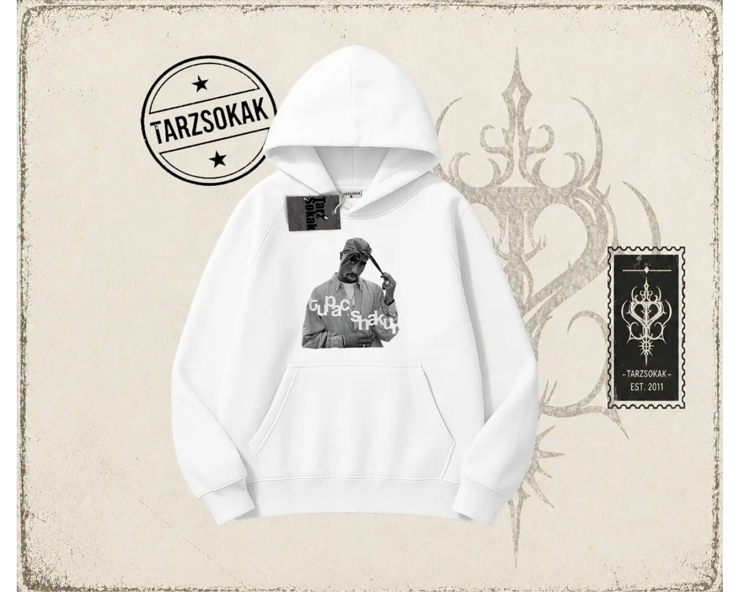 Unisex Tupac Shakur Oversize Unisex Kapşonlu Sweatshirt Beyaz