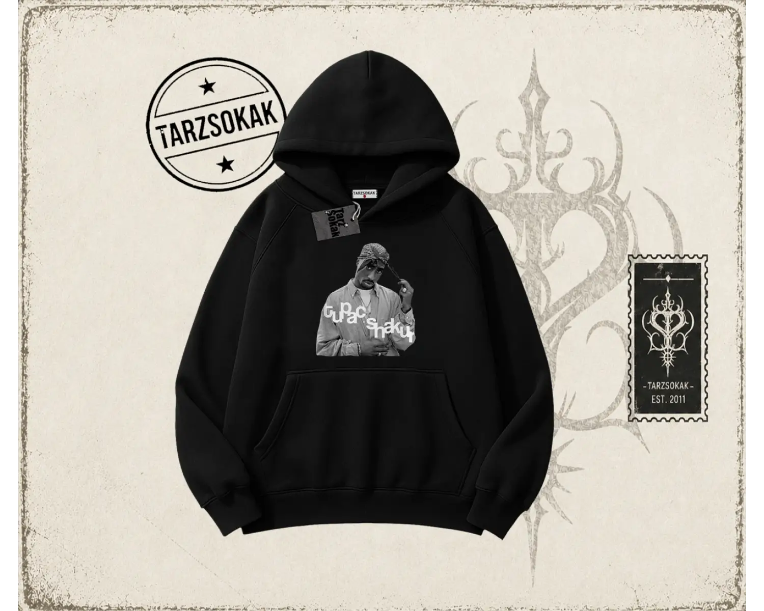 Unisex Tupac Shakur Oversize Unisex Kapşonlu Sweatshirt Beyaz