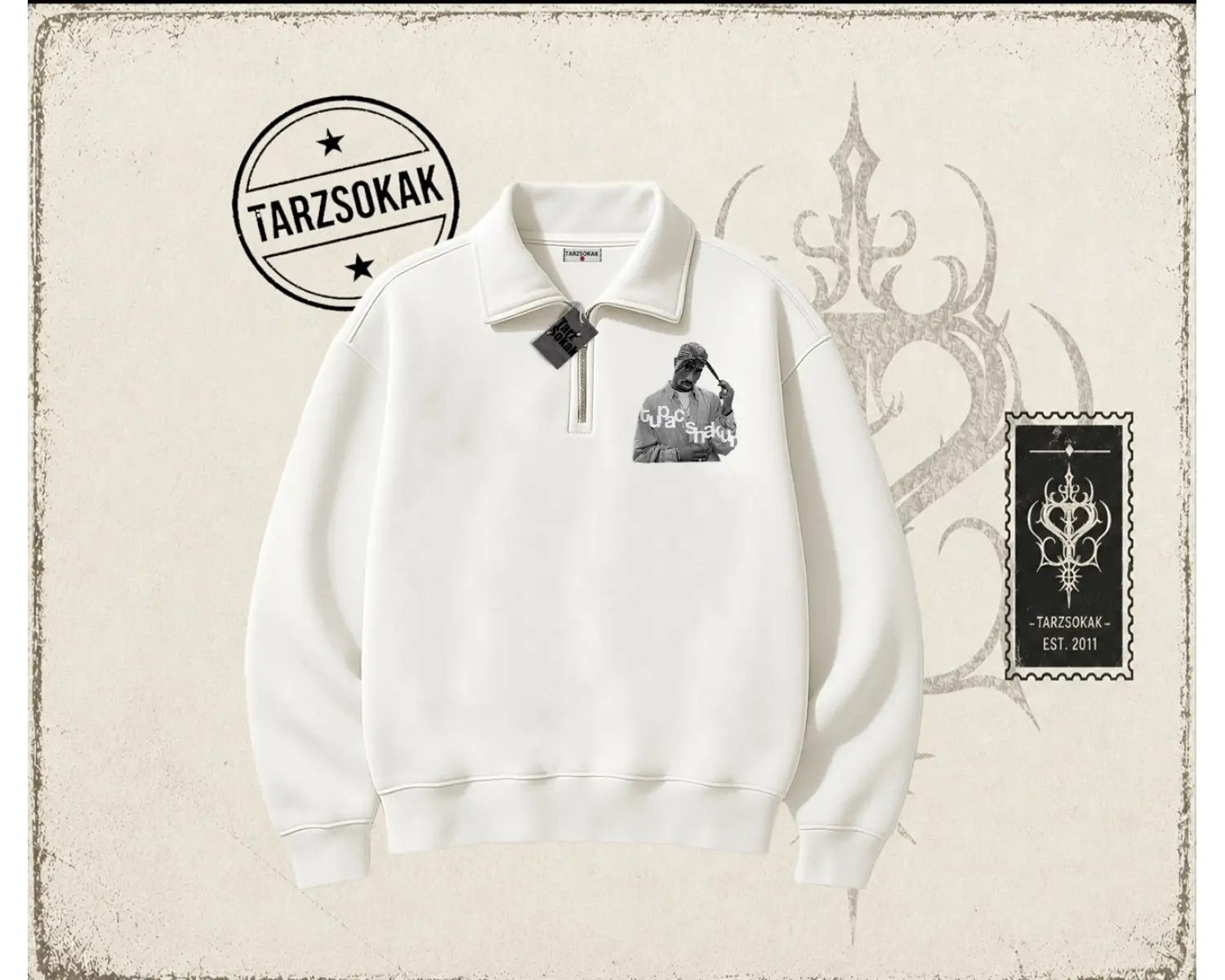 Unisex Tupac Shakur Unisex Polo Yaka Yarım Fermuarlı Sweatshirt Beyaz