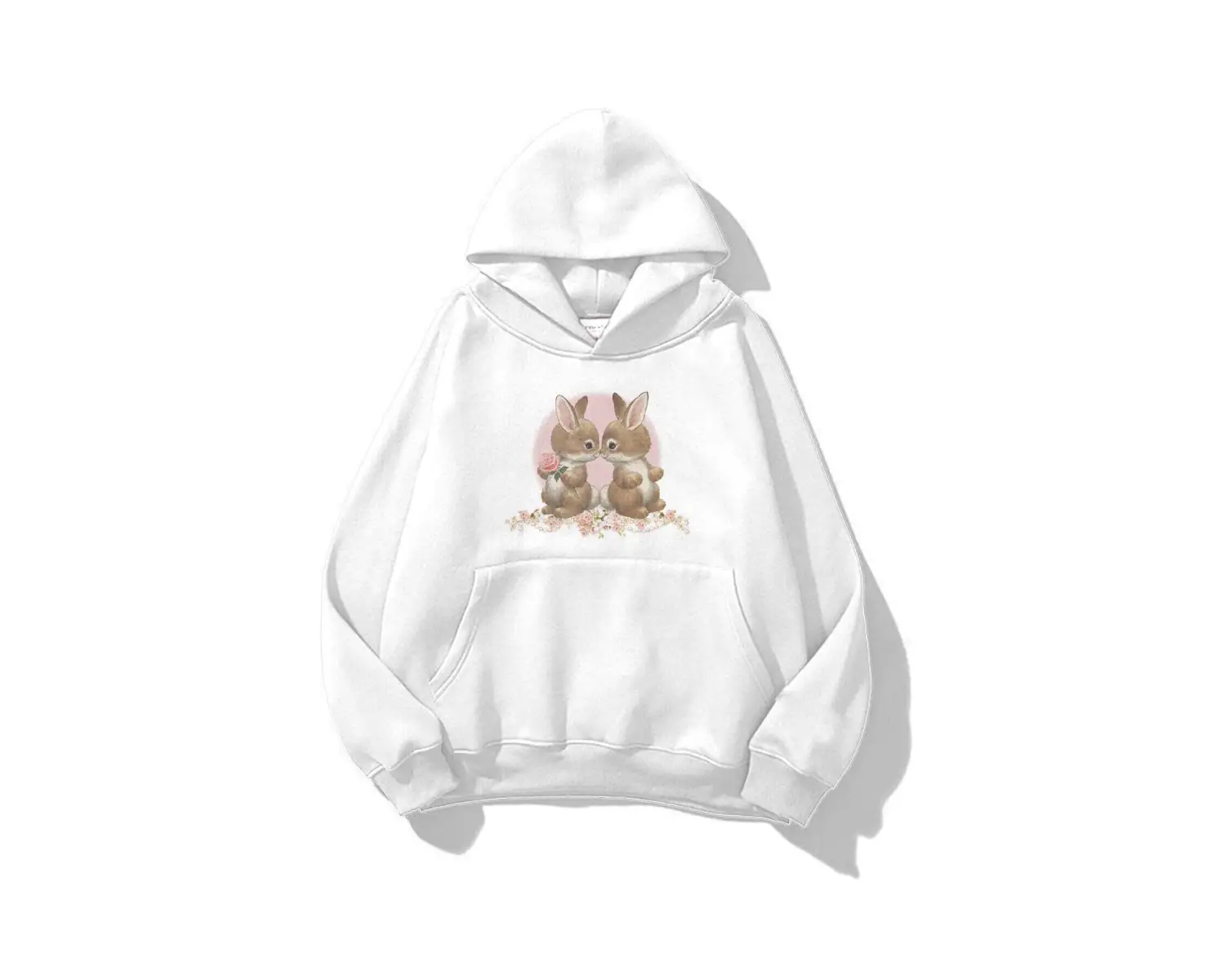 Unisex Two Rabbit with Flower Sweatshirt Beyaz