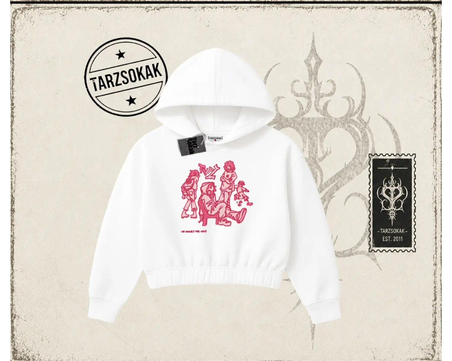 Unisex Tyyz Kadın Crop Kapşonlu Sweatshirt Beyaz