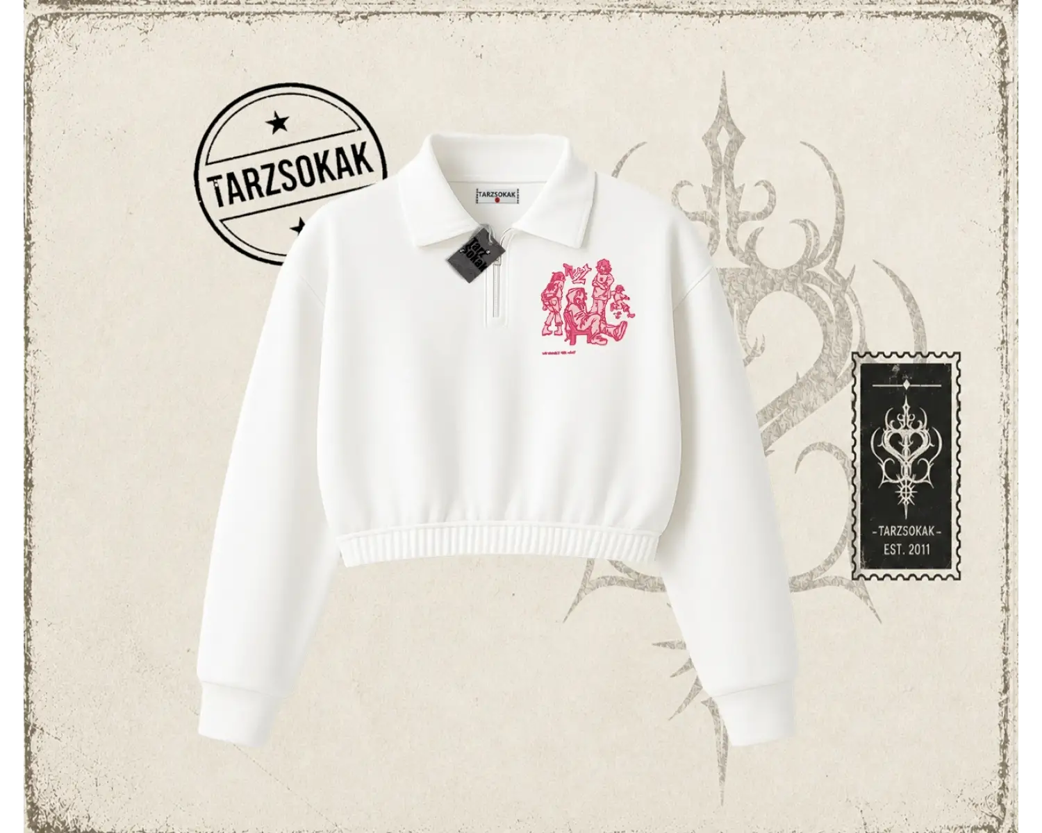 Unisex Tyyz Kadın Crop Polo Yaka Yarım Fermuarlı Sweatshirt Beyaz