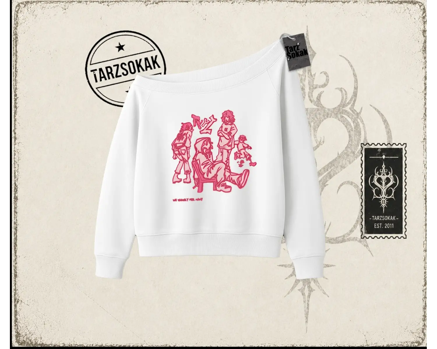 Unisex Tyyz Kadın Kayık Yaka Sweatshirt Beyaz