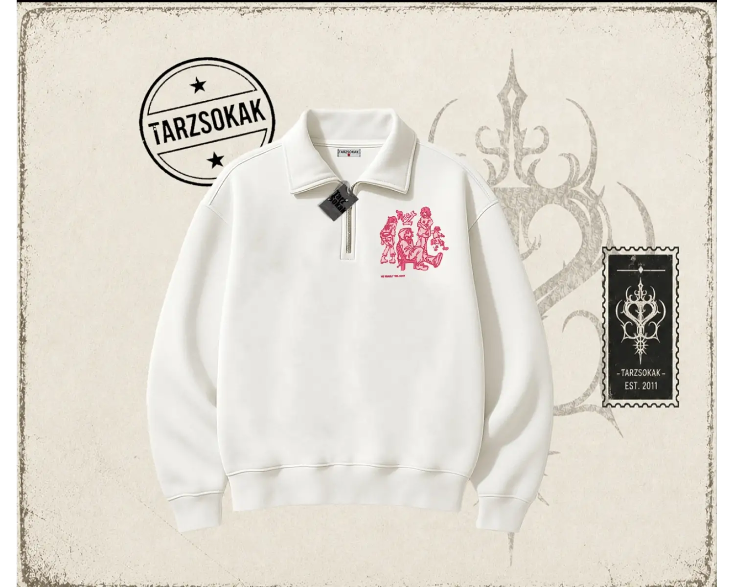 Unisex Tyyz Unisex Polo Yaka Yarım Fermuarlı Sweatshirt Beyaz